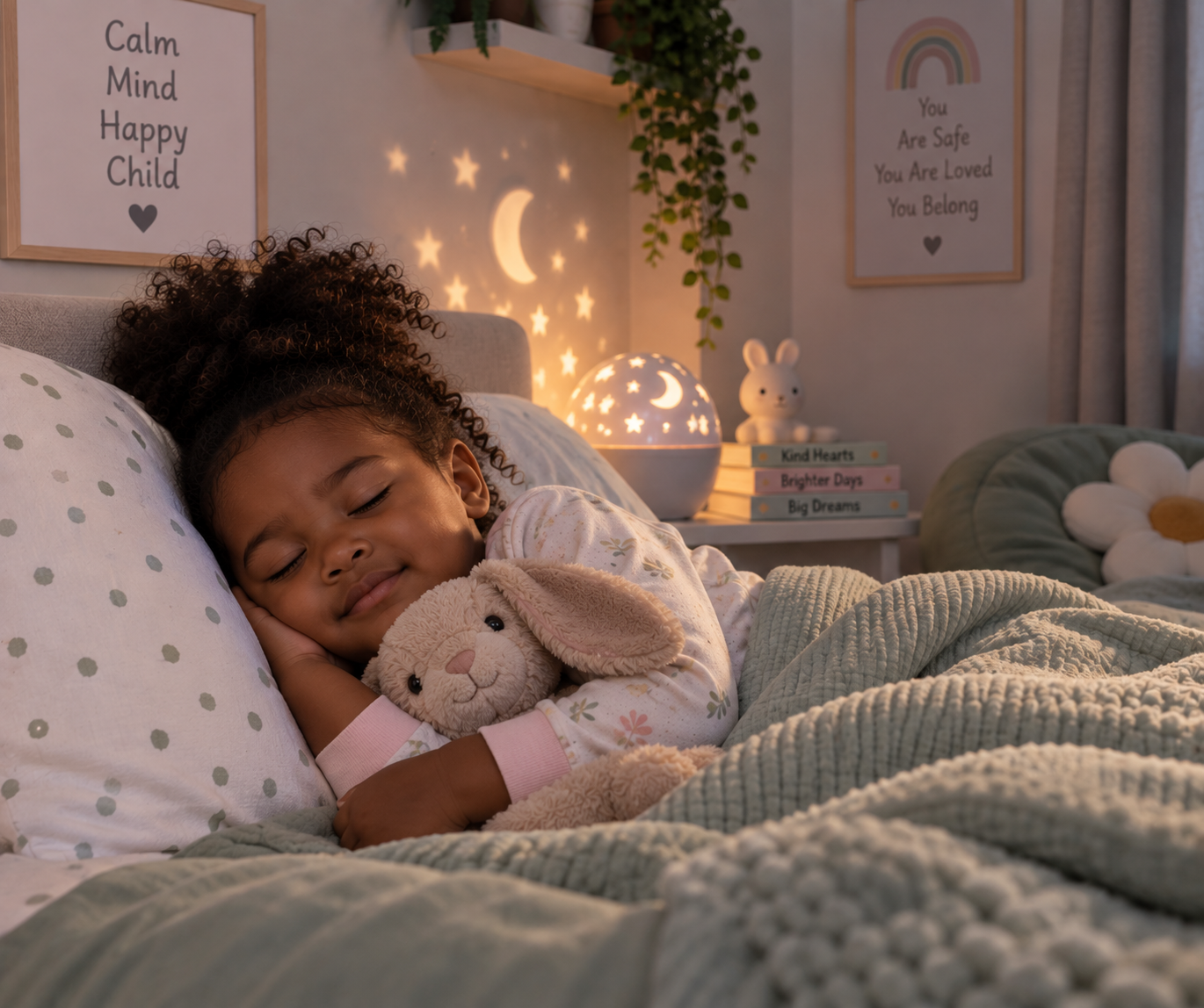Child resting in a calm sensory-friendly bedroom
